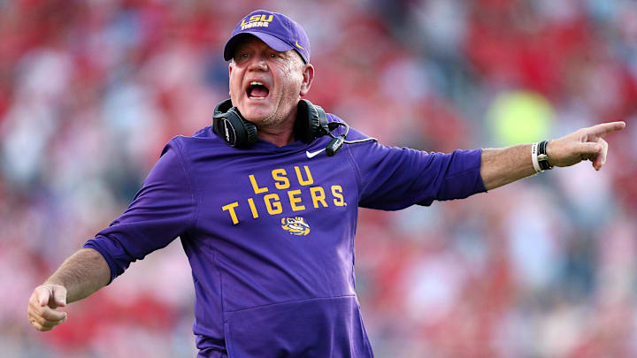 Sep 27, 2025; Oxford, Mississippi, USA; LSU Tigers head coach Brian Kelly reacts during the fourth quarter against the Mississippi Rebels at Vaught-Hemingway Stadium. Mandatory Credit: Petre Thomas-Imagn Images