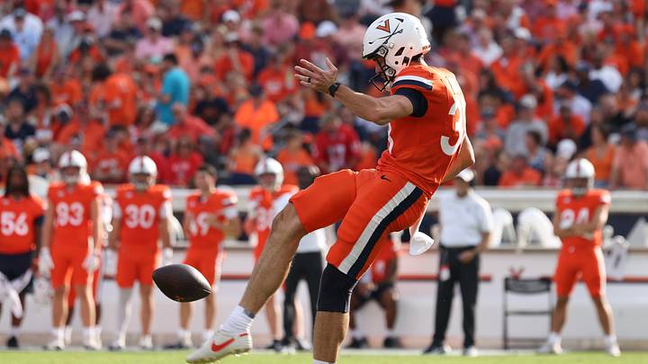 Aug 29, 2026; Charlottesville, Virginia, USA; Virginia Cavaliers punter Daniel Sparks (38) punts the ball during the third quarter of the game against the North Carolina State Wolfpack at Scott Stadium. Mandatory Credit: Greg Atkins-Imagn Images Aug 29, 2026; Charlottesville, Virginia, USA; Virginia Cavaliers punter Daniel Sparks (38) punts the ball during the third quarter of the game against the North Carolina State Wolfpack at Scott Stadium. Mandatory Credit: Greg Atkins-Imagn Images