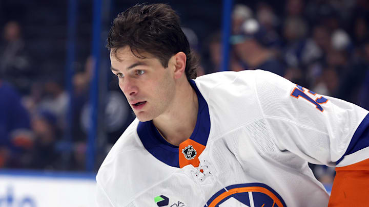 Dec 6, 2025; Tampa, Florida, USA; New York Islanders center Mathew Barzal (13) works out prior to the game against the Tampa Bay Lightning at Benchmark International Arena. Mandatory Credit: Kim Klement Neitzel-Imagn Images Dec 6, 2025; Tampa, Florida, USA; New York Islanders center Mathew Barzal (13) works out prior to the game against the Tampa Bay Lightning at Benchmark International Arena. Mandatory Credit: Kim Klement Neitzel-Imagn Images
