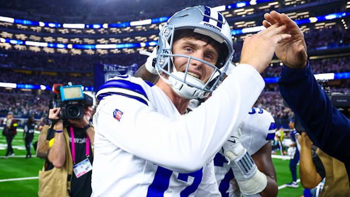 Dallas Cowboys kicker Brandon Aubrey celebrates after kicking the game-winning field goal against the Philadelphia Eagles Dallas Cowboys kicker Brandon Aubrey celebrates after kicking the game-winning field goal against the Philadelphia Eagles