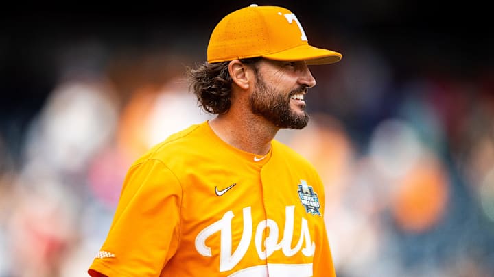 Tennessee head coach Tony Vitello smiles after a NCAA College World Series game between Tennessee and Florida Statue at Charles Schwab Field in Omaha, Neb., on Wednesday, June 19, 2024.