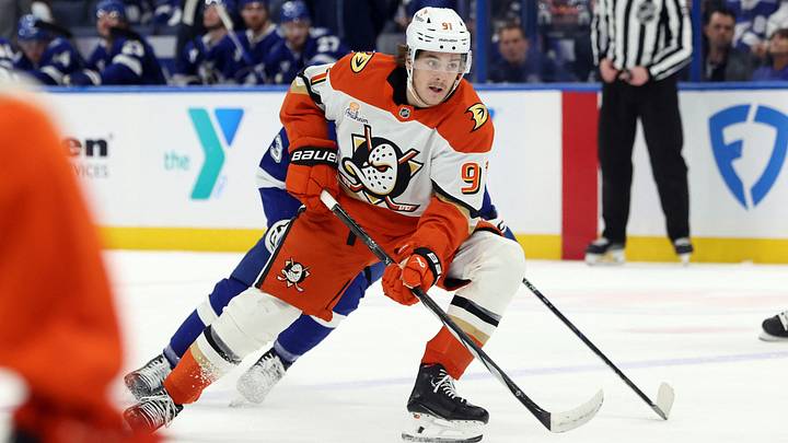 Jan 16, 2025; Tampa, Florida, USA; Anaheim Ducks center Leo Carlsson (91) skate with the puck as Tampa Bay Lightning defenseman Darren Raddysh (43) defends during the second period at Amalie Arena. Mandatory Credit: Kim Klement Neitzel-Imagn Images Jan 16, 2025; Tampa, Florida, USA; Anaheim Ducks center Leo Carlsson (91) skate with the puck as Tampa Bay Lightning defenseman Darren Raddysh (43) defends during the second period at Amalie Arena. Mandatory Credit: Kim Klement Neitzel-Imagn Images
