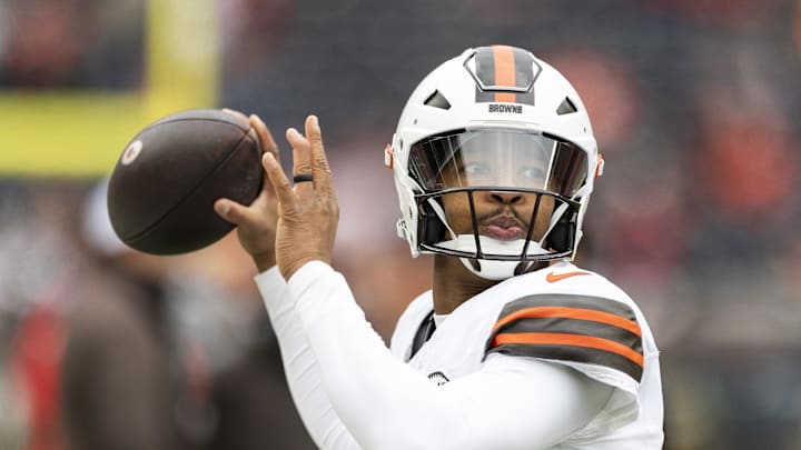 Dec 15, 2024; Cleveland, Ohio, USA; Cleveland Browns quarterback Jameis Winston (5) throws the ball during warm ups against the Kansas City Chiefs at Huntington Bank Field. Mandatory Credit: Scott Galvin-Imagn Images