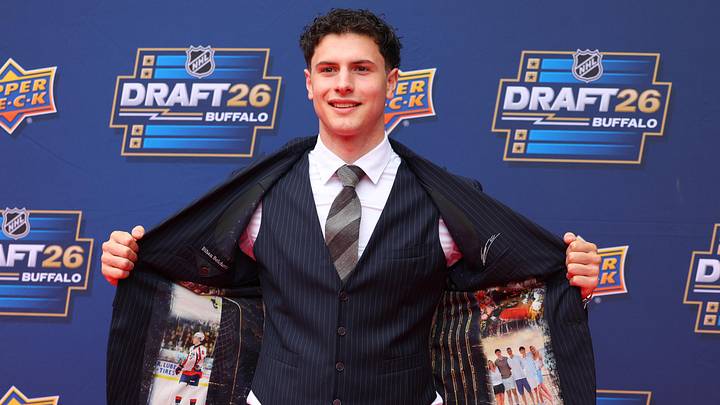 Jun 26, 2026; Buffalo, New York, USA; NHL prospect Ethan Belchetz before the first round of the 2026 NHL Draft at KeyBank Center. Mandatory Credit: Timothy T. Ludwig-Imagn Images