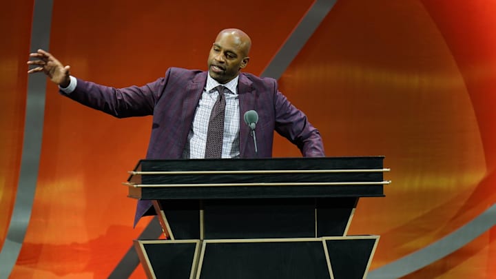 Class of 2024 inductee Vince Carter speaks during the Naismith Memorial Basketball Hall of Fame Enshrinement at Symphony Hall Springfield. Class of 2024 inductee Vince Carter speaks during the Naismith Memorial Basketball Hall of Fame Enshrinement at Symphony Hall Springfield.