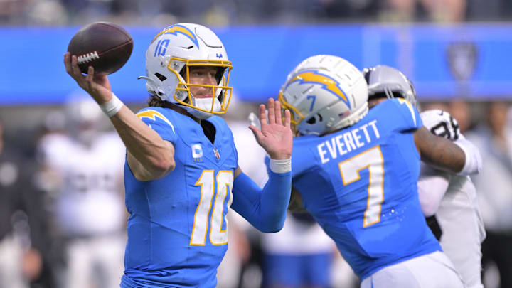Oct 1, 2023; Inglewood, California, USA;  Los Angeles Chargers quarterback Justin Herbert (10)