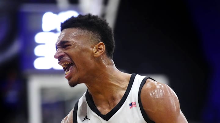 Millennium forward Cameron Holmes (3) reacts after dunking against Sunnyslope during a game at Millennium High School in Goodyear.