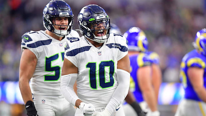 Dec 4, 2022; Inglewood, California, USA; Seattle Seahawks linebacker Uchenna Nwosu (10) and linebacker Cody Barton (57) react against the Los Angeles Rams during the second half at SoFi Stadium. Mandatory Credit: Gary A. Vasquez-Imagn Images Dec 4, 2022; Inglewood, California, USA; Seattle Seahawks linebacker Uchenna Nwosu (10) and linebacker Cody Barton (57) react against the Los Angeles Rams during the second half at SoFi Stadium. Mandatory Credit: Gary A. Vasquez-Imagn Images