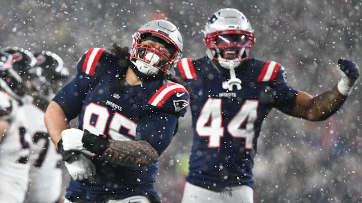 Jan 18, 2026; Foxborough, MA, USA; New England Patriots defensive lineman Khyiris Tonga (95) celebrates a sack in the fourth quarter against the New England Patriots in an AFC Divisional Round game at Gillette Stadium. Mandatory Credit: Brian Fluharty-Imagn Images