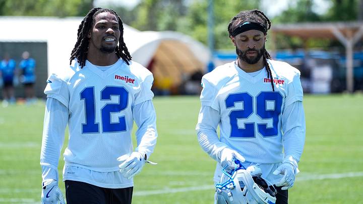 Detroit Lions safety Thomas Harper (12), left, and cornerback Avonte Maddox (29 during OTAs at Meijer Performance Center in Allen Park on Friday, May 29, 2026.
