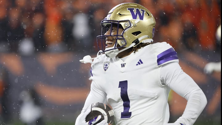 Nov 18, 2023; Corvallis, Oregon, USA; Washington Huskies corner back Jabbar Muhammad (1) celebrates.