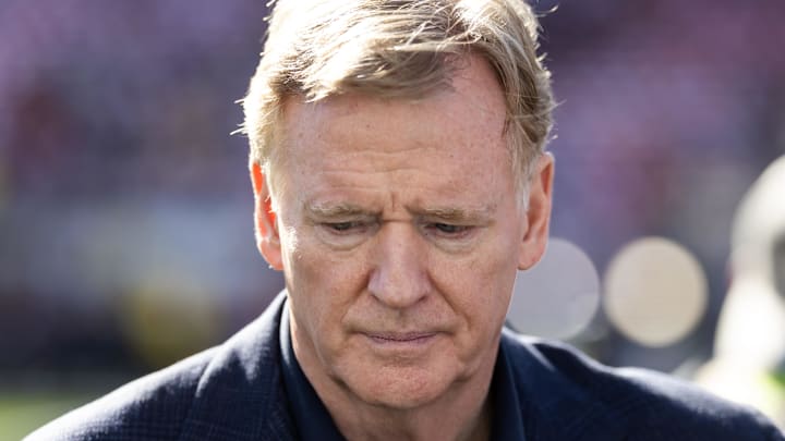 Feb 8, 2026; Santa Clara, CA, USA; NFL commissioner Roger Goodell looks on before Super Bowl LX between the Seattle Seahawks and the New England Patriots at Levi's Stadium. Mandatory Credit: Mark J. Rebilas-Imagn Images