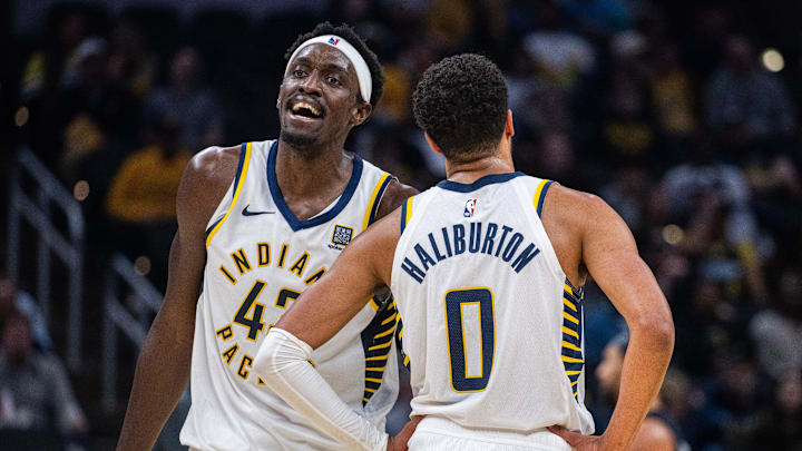 Nov 6, 2024; Indianapolis, Indiana, USA; Indiana Pacers forward Pascal Siakam (43) and Indiana Pacers guard Tyrese Haliburton (0) in the second half against the Orlando Magic at Gainbridge Fieldhouse. Mandatory Credit: Trevor Ruszkowski-Imagn Images Nov 6, 2024; Indianapolis, Indiana, USA; Indiana Pacers forward Pascal Siakam (43) and Indiana Pacers guard Tyrese Haliburton (0) in the second half against the Orlando Magic at Gainbridge Fieldhouse. Mandatory Credit: Trevor Ruszkowski-Imagn Images