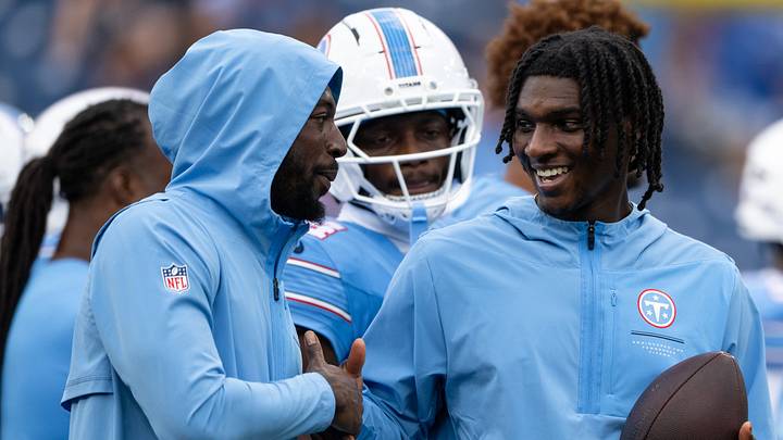 Aug 29, 2026; Nashville, Tennessee, USA; Tennessee Titans quarterback Cam Ward (1) and wide receiver Calvin Ridley (0) joke around against the Chicago Bears during pre-game warmups at Nissan Stadium. Mandatory Credit: Steve Roberts-Imagn Images Aug 29, 2026; Nashville, Tennessee, USA; Tennessee Titans quarterback Cam Ward (1) and wide receiver Calvin Ridley (0) joke around against the Chicago Bears during pre-game warmups at Nissan Stadium. Mandatory Credit: Steve Roberts-Imagn Images
