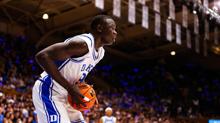 Oct 4, 2024; Durham, NC, USA; Duke Blue Devils center Khaman Maluach (9) looks on with the ball during Countdown to Craziness at Cameron Indoor Stadium. Mandatory Credit: Jaylynn Nash-Imagn Images