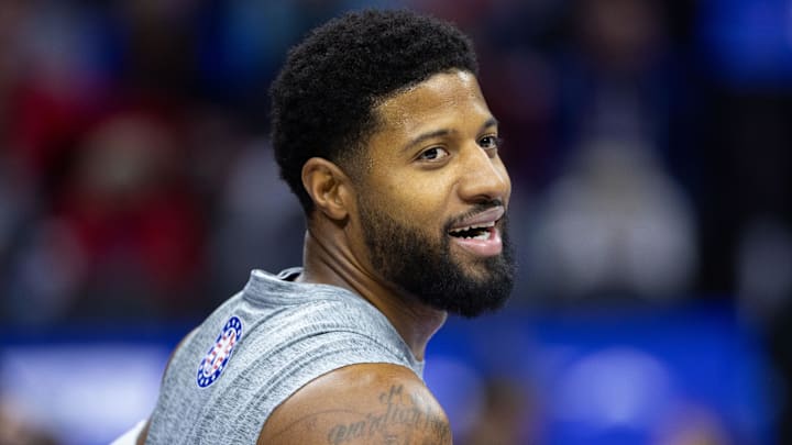 Nov 10, 2024; Philadelphia, Pennsylvania, USA; Philadelphia 76ers forward Paul George (8) warms up before action against the Charlotte Hornets during the first quarter at Wells Fargo Center. Mandatory Credit: Bill Streicher-Imagn Images