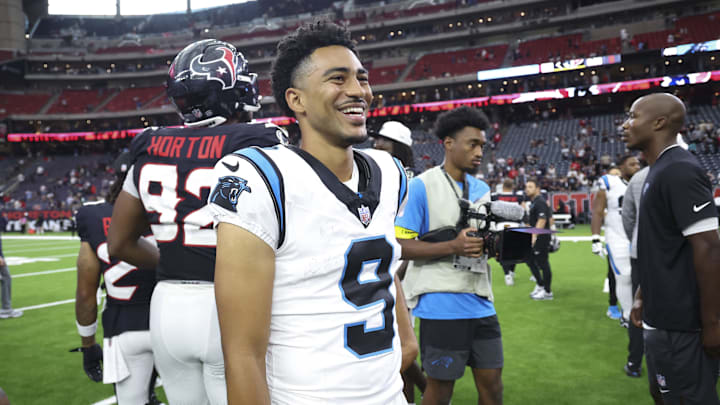 Aug 16, 2025; Houston, Texas, USA; Carolina Panthers quarterback Bryce Young (9) smiles on the field after the game against the Houston Texans at NRG Stadium. Aug 16, 2025; Houston, Texas, USA; Carolina Panthers quarterback Bryce Young (9) smiles on the field after the game against the Houston Texans at NRG Stadium.