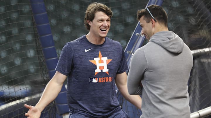 Jun 28, 2025; Houston, Texas, USA; Houston Astros center fielder Jake Meyers (6) talks on the field before the game against the Chicago Cubs at Daikin Park. Jun 28, 2025; Houston, Texas, USA; Houston Astros center fielder Jake Meyers (6) talks on the field before the game against the Chicago Cubs at Daikin Park.