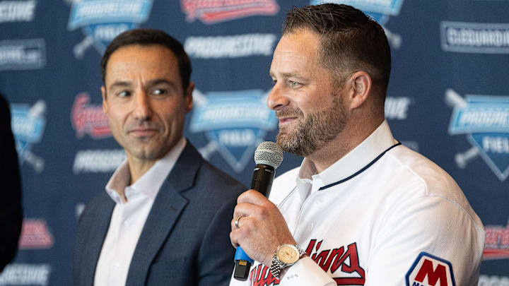 Nov 10, 2023; Cleveland, OH, USA; Cleveland Guardians manager Stephen Vogt, right, talks to the media as president of baseball operations Chris Antonetti looks on during an introductory press conference at Progressive Field. Mandatory Credit: Ken Blaze-Imagn Images
Nov 10, 2023; Cleveland, OH, USA; Cleveland Guardians manager Stephen Vogt, right, talks to the media as president of baseball operations Chris Antonetti looks on during an introductory press conference at Progressive Field. Mandatory Credit: Ken Blaze-Imagn Images