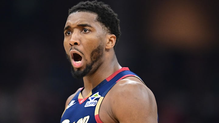 Apr 20, 2026; Cleveland, Ohio, USA; Cleveland Cavaliers guard Donovan Mitchell (45) reacts after a made basket during the second half during game two of the first round of the 2026 NBA Playoffs against the Toronto Raptors at Rocket Arena. Mandatory Credit: David Dermer-Imagn Images