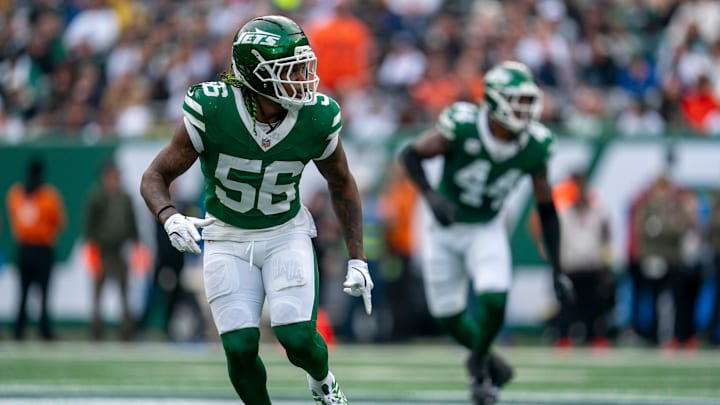 New York Jets linebacker Quincy Williams (56) drops back on defense during an NFL Week 10 game between the New York Jets and the Cleveland Browns at MetLife Stadium on Sunday, Nov. 9, 2025.