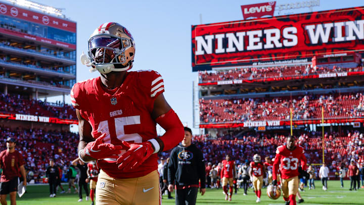 Sep 29, 2024; Santa Clara, California, USA; San Francisco 49ers wide receiver Jauan Jennings (15) runs off the field after the game against the New England Patriots at Levi's Stadium. Mandatory Credit: Sergio Estrada-Imagn Images