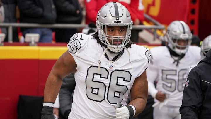 Dec 25, 2023; Kansas City, Missouri, USA; Las Vegas Raiders guard Dylan Parham (66) runs onto the field against the Kansas City Chiefs prior to a game at GEHA Field at Arrowhead Stadium. Mandatory Credit: Denny Medley-Imagn Images Dec 25, 2023; Kansas City, Missouri, USA; Las Vegas Raiders guard Dylan Parham (66) runs onto the field against the Kansas City Chiefs prior to a game at GEHA Field at Arrowhead Stadium. Mandatory Credit: Denny Medley-Imagn Images