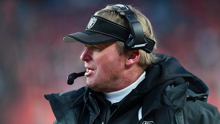 Dec 29, 2019; Denver, Colorado, USA; Oakland Raiders head coach Jon Gruden calls out In the second half against the Denver Broncos at Empower Field at Mile High. Mandatory Credit: Ron Chenoy-Imagn Images