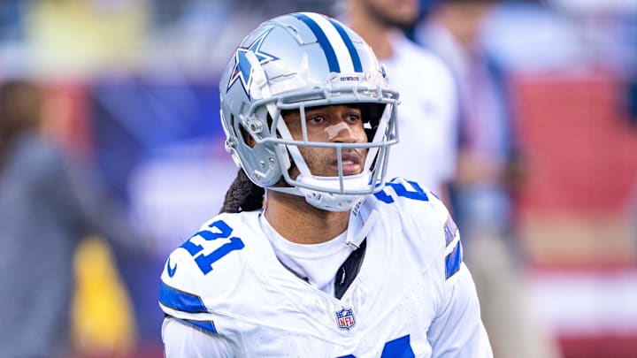 October 8, 2023; Santa Clara, California, USA; Dallas Cowboys cornerback Stephon Gilmore (21) warms up before the game against the San Francisco 49ers at Levi's Stadium. Mandatory Credit: Kyle Terada-Imagn Images