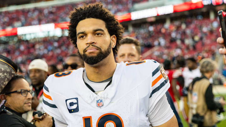 Dec 8, 2024; Santa Clara, California, USA; Chicago Bears quarterback Caleb Williams (18) looks on after the game against the San Francisco 49ers at Levi's Stadium. 