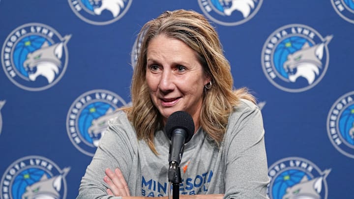 Sep 6, 2025; San Francisco, California, USA;  Minnesota Lynx head coach Cheryl Reeve addresses the media before the game against the Golden State Valkyries at Chase Center. Mandatory Credit: David Gonzales-Imagn Images