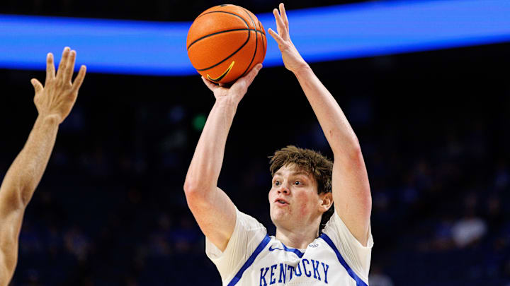 Oct 23, 2024; Lexington, KY, USA; Kentucky Wildcats forward Trent Noah (9) shoots the ball during the second half against the Kentucky Wesleyan Panthers at Rupp Arena at Central Bank Center. Mandatory Credit: Jordan Prather-Imagn Images