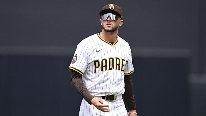Apr 2, 2025; San Diego, California, USA; San Diego Padres center fielder Jackson Merrill (3) warms-up before a game against the Cleveland Guardians at Petco Park. Mandatory Credit: Denis Poroy-Imagn Images