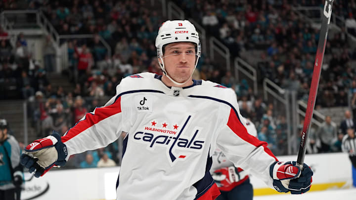 Dec 3, 2025; San Jose, California, USA; Washington Capitals right winger Ryan Leonard (9) celebrates after scoring a goal against the San Jose Sharks in the first period at SAP Center at San Jose. Mandatory Credit: David Gonzales-Imagn Images Dec 3, 2025; San Jose, California, USA; Washington Capitals right winger Ryan Leonard (9) celebrates after scoring a goal against the San Jose Sharks in the first period at SAP Center at San Jose. Mandatory Credit: David Gonzales-Imagn Images