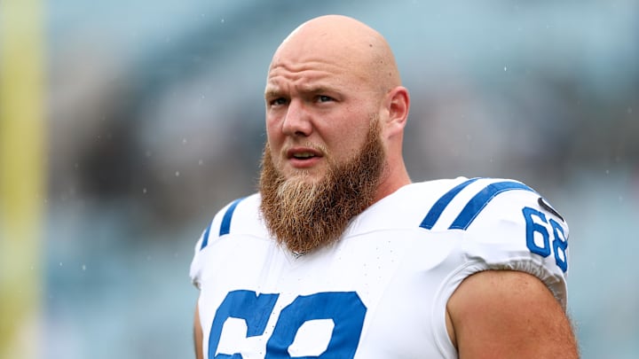 Oct 6, 2024; Jacksonville, Florida, USA; Indianapolis Colts guard Dalton Tucker (68) warms up before a game against the Jacksonville Jaguars at EverBank Stadium. 