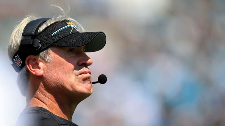 Jacksonville Jaguars head coach Doug Pederson looks on during the first quarter of an NFL football matchup Sunday, Sept. 24, 2023 at EverBank Stadium in Jacksonville, Fla. The Houston Texans defeated the Jacksonville Jaguars 37-17. [Corey Perrine/Florida Times-Union]