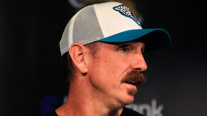 Jacksonville Jaguars defensive coordinator Ryan Nielsen speaks to members of the media during a combined NFL football training camp session between the Tampa Bay Buccaneers and Jacksonville Jaguars Wednesday, Aug. 14, 2024 at EverBank Stadium’s Miller Electric Center in Jacksonville, Fla. [Corey Perrine/Florida Times-Union]