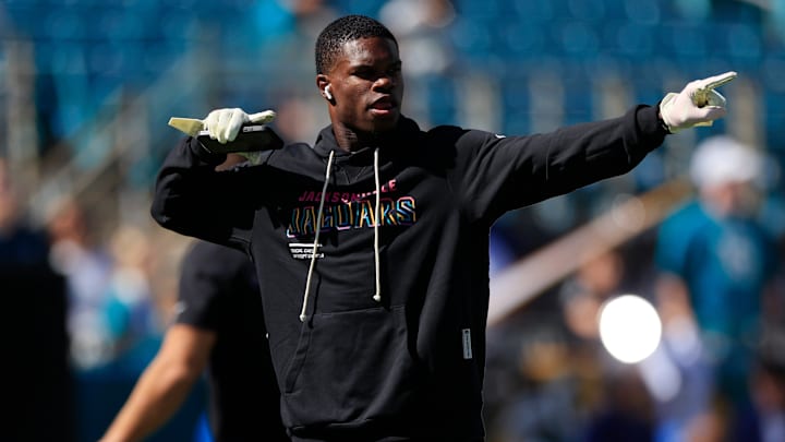 Jacksonville Jaguars wide receiver Travis Hunter (12) dances before an NFL football matchup, Sunday, Oct. 12, 2025, at EverBank Stadium in Jacksonville, Fla. The Seahawks defeated the Jaguars 20-12. Jacksonville Jaguars wide receiver Travis Hunter (12) dances before an NFL football matchup, Sunday, Oct. 12, 2025, at EverBank Stadium in Jacksonville, Fla. The Seahawks defeated the Jaguars 20-12.