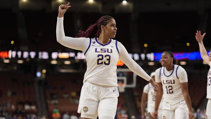 Mar 7, 2025; Greenville, SC, USA; LSU Lady Tigers center Aalyah Del Rosario (23) reacts to her three point play against the Florida Gators during the second half at Bon Secours Wellness Arena. Mandatory Credit: Jim Dedmon-Imagn Images