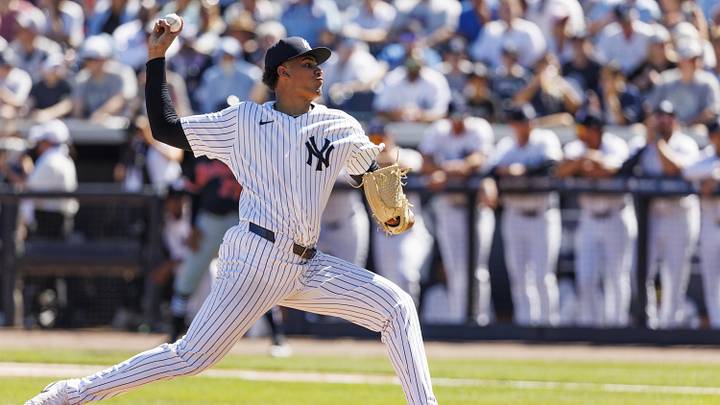 Feb 21, 2026; Tampa, Florida, USA; New York Yankees pitcher Carlos Lagrange (84) throws a pitch against the Detroit Tigers during the second inning in a Spring Training game at George M. Steinbrenner Field. Mandatory Credit: Morgan Tencza-Imagn Images