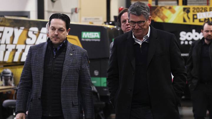 Apr 20, 2026; Pittsburgh, Pennsylvania, USA;  Philadelphia Flyers General Manager Danny Briere (left) and President of Hockey Operations Keith Jones (right) after the Flyers defeated the Pittsburgh Penguins in game two of the first round of the 2026 Stanley Cup Playoffs at PPG Paints Arena.