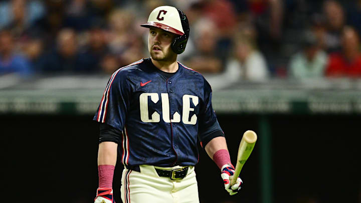 Aug 23, 2024; Cleveland, Ohio, USA; Cleveland Guardians center fielder Lane Thomas (8) reacts after striking out during the eighth inning against the Texas Rangers at Progressive Field. Mandatory Credit: Ken Blaze-Imagn Images Aug 23, 2024; Cleveland, Ohio, USA; Cleveland Guardians center fielder Lane Thomas (8) reacts after striking out during the eighth inning against the Texas Rangers at Progressive Field. Mandatory Credit: Ken Blaze-Imagn Images
