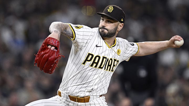 Sep 21, 2024; San Diego, California, USA; San Diego Padres relief pitcher Tanner Scott (66) pitches against the Chicago White Sox during the eighth inning at Petco Park. Mandatory Credit: Orlando Ramirez-Imagn Images