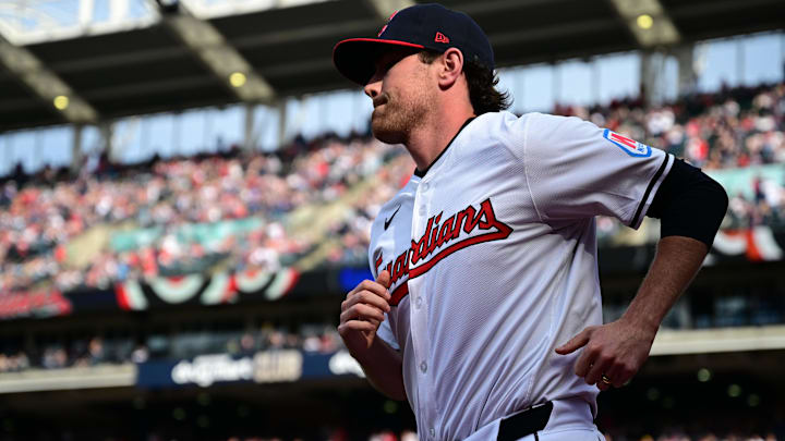 Apr 8, 2024; Cleveland, Ohio, USA; Cleveland Guardians starting pitcher Shane Bieber (57) is introduced before a game against the Chicago White Sox at Progressive Field. 