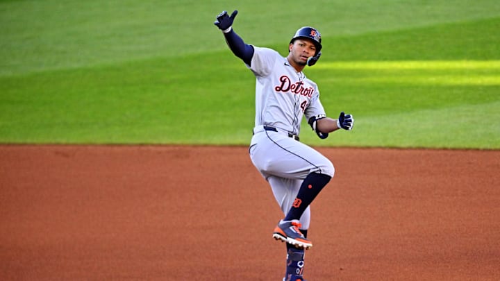 Cleveland, Ohio, USA; Detroit Tigers outfielder Wenceel Perez (46) celebrates after hitting a double during the fourth inning against the Cleveland Guardians during game two of the ALDS for the 2024 MLB Playoffs at Progressive Field.