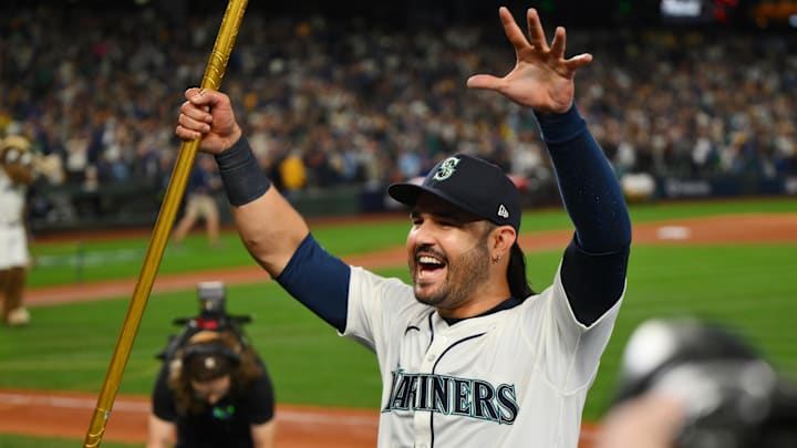 Oct 17, 2025; Seattle, Washington, USA; Seattle Mariners third baseman Eugenio Suarez (28) celebrates after winning game five of the ALCS round for the 2025 MLB playoffs against the Toronto Blue Jays at T-Mobile Park. Mandatory Credit: Steven Bisig-Imagn Images