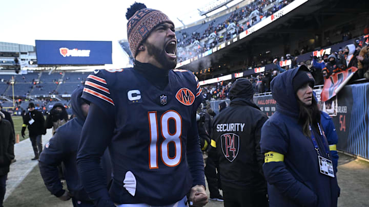 Dec 14, 2025; Chicago, Illinois, USA; Chicago Bears quarterback Caleb Williams (18) celebrates after defeating the Cleveland Browns at Soldier Field. Mandatory Credit: Matt Marton-Imagn Images