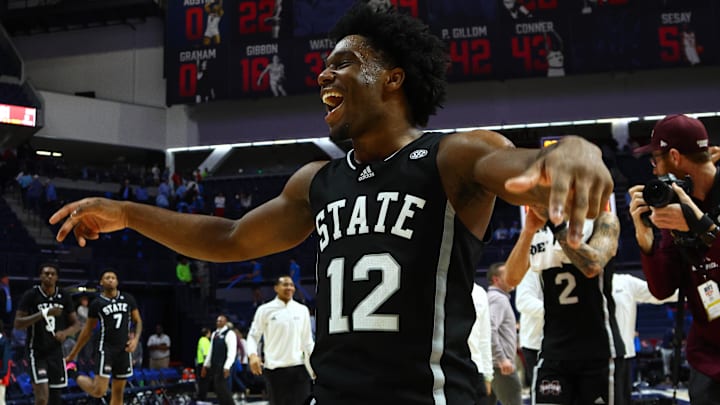 Feb 15, 2025; Oxford, Mississippi, USA; Mississippi State Bulldogs guard Josh Hubbard (12) reacts after defeating the Mississippi Rebels at The Sandy and John Black Pavilion at Ole Miss. Mandatory Credit: Petre Thomas-Imagn Images