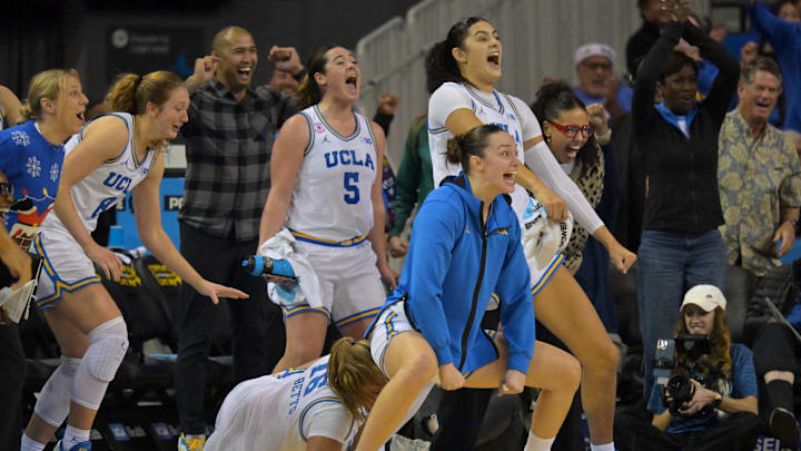 Dec 20, 2025; Los Angeles, California, USA; UCLA Bruins bench reacts after a basket by guard Megan Grant (not pictured) during the second half against Long Beach State Beach at Pauley Pavilion presented by Wescom Financial. Mandatory Credit: Jayne Kamin-Oncea-Imagn Images Dec 20, 2025; Los Angeles, California, USA; UCLA Bruins bench reacts after a basket by guard Megan Grant (not pictured) during the second half against Long Beach State Beach at Pauley Pavilion presented by Wescom Financial. Mandatory Credit: Jayne Kamin-Oncea-Imagn Images