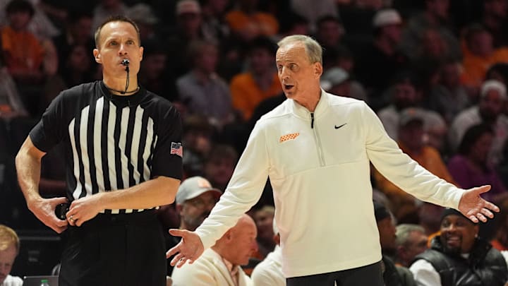 Tennessee basketball coach Rick Barnes works the official during an NCAA college basketball game between the Tennessee Volunteers and Texas Longhorns on January 6, 2026, in Knoxville, Tenn. Tennessee basketball coach Rick Barnes works the official during an NCAA college basketball game between the Tennessee Volunteers and Texas Longhorns on January 6, 2026, in Knoxville, Tenn.